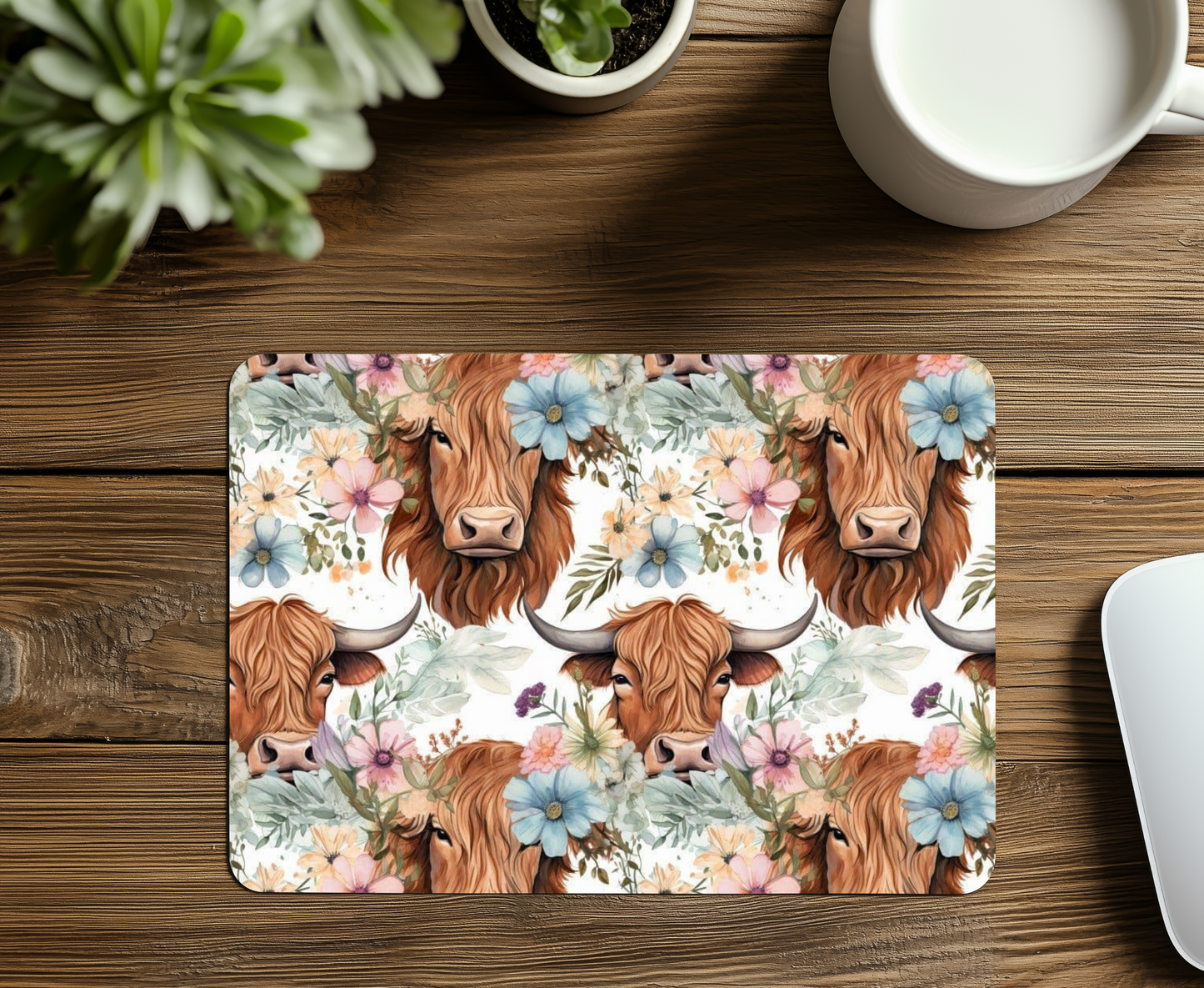 Floral Highland Cow Mouse Pad