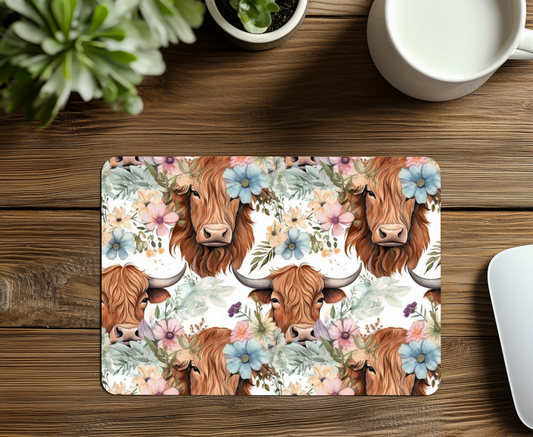 Floral Highland Cow Mouse Pad